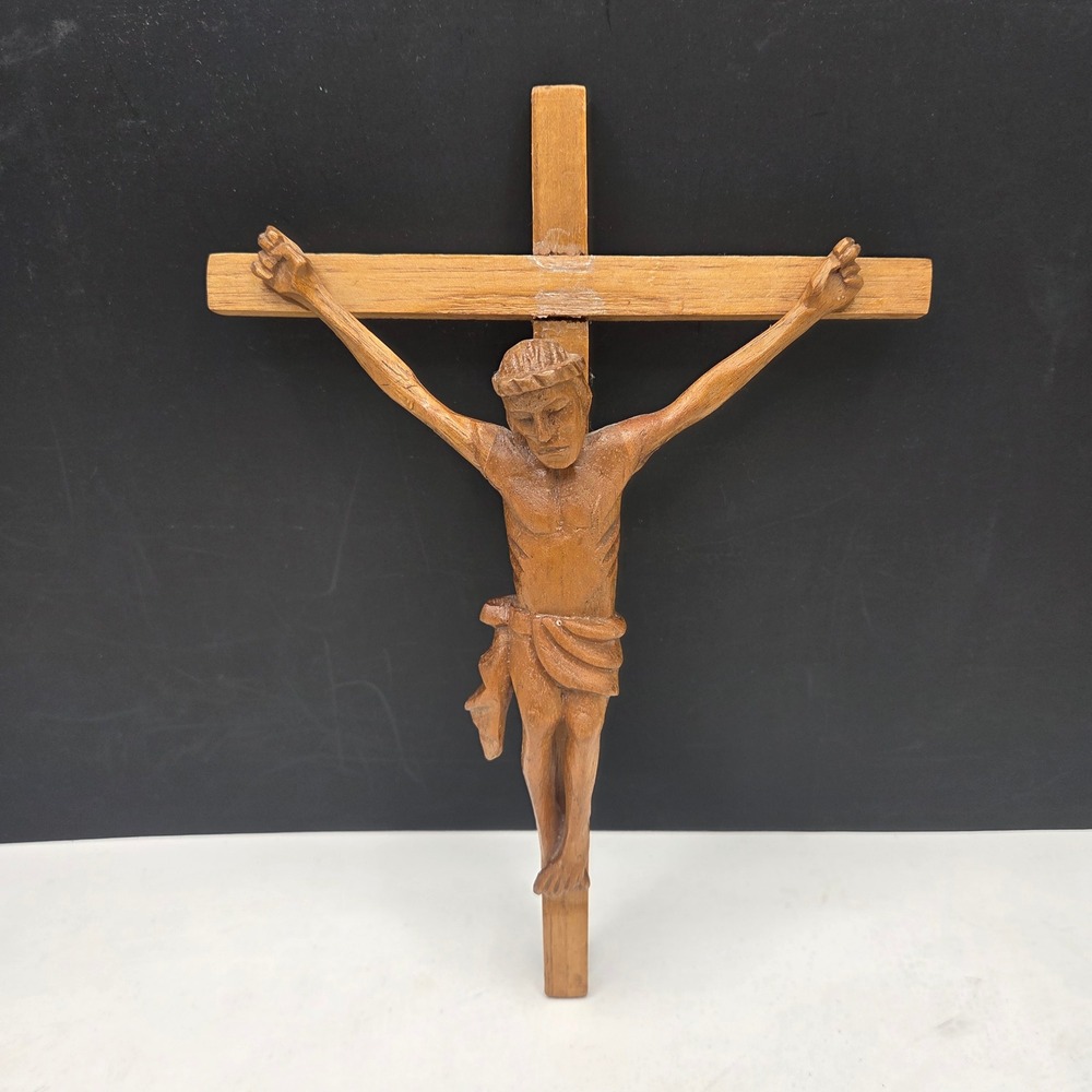 Vintage Hand Carved Wooden Crucifix Wall Cross 10in Brown Religious Folk Art H3